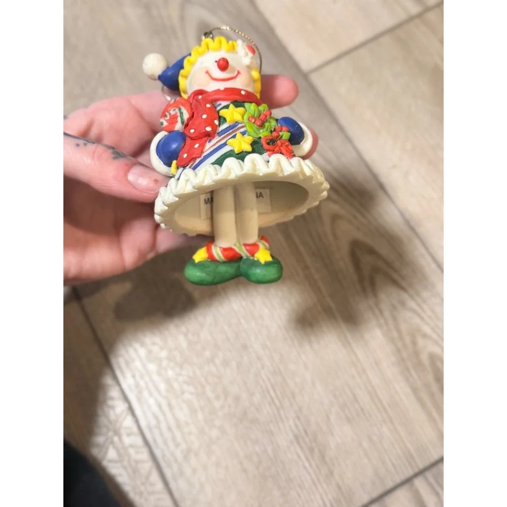 Vintage Style Snowman Clown Christmas Ornament Blue Red Striped Ceramic Figurine
